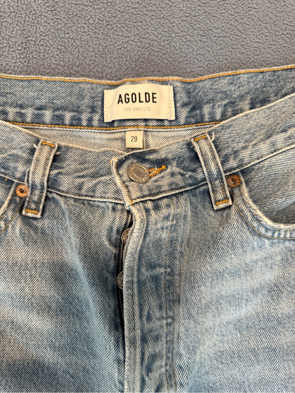 Agolde Light Blue Distressed High-Rise Denim Cutoff Shorts - Picture 2 of 7